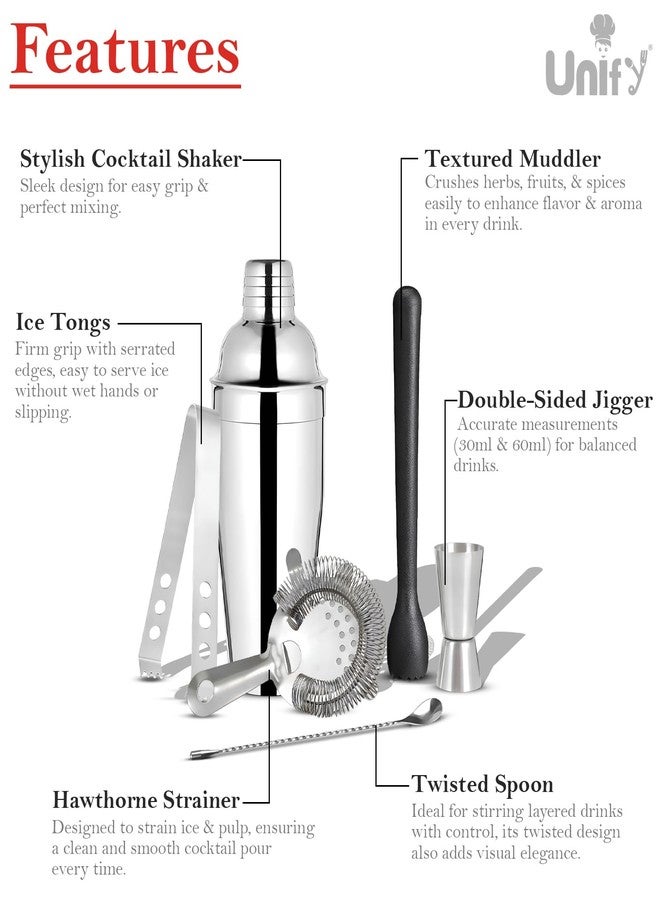 Unify 6 Pieces Stainless Steel Bartender Kit | Premium Cocktail Shaker Set for Home Bar & Parties | Includes Peg Measurer 30/60ml, Bar Spoon, Ice Tong, Muddler, Strainer | Professional Bar Tool Set - Image 5